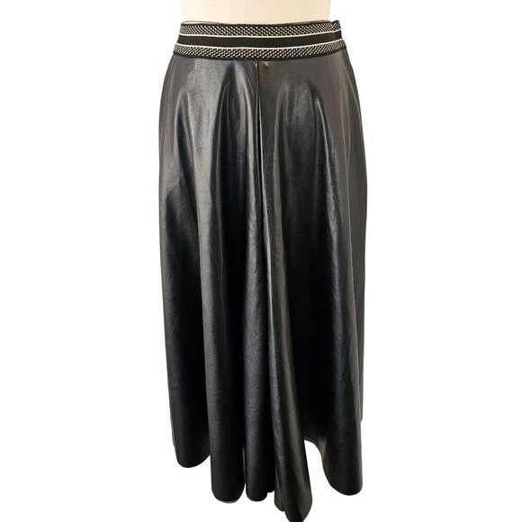Halogen Black Faux Leather Midi Gaucho Split Skirt Sz M Stripe Elastic Waistband - Picture 3 of 9